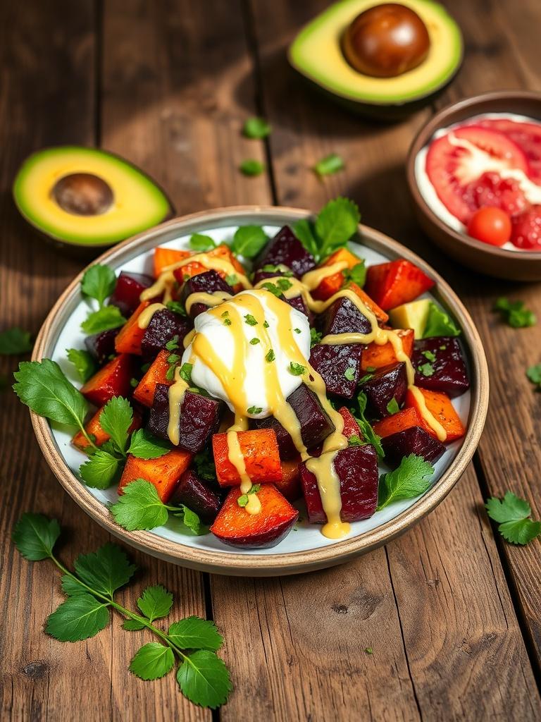 Roasted Beet, Sweet Potato & Avocado Salad with Whipped Ricotta & Lemon-Tahini Drizzle
